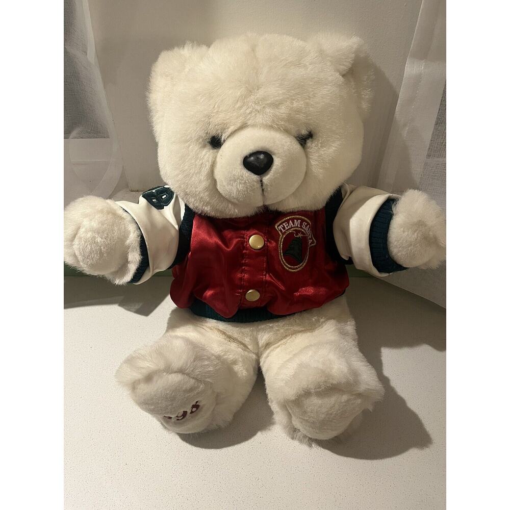 Vintage Team Santa Teddy Bear Plush 1998 Christmas Holiday Bomber Jacket 19"